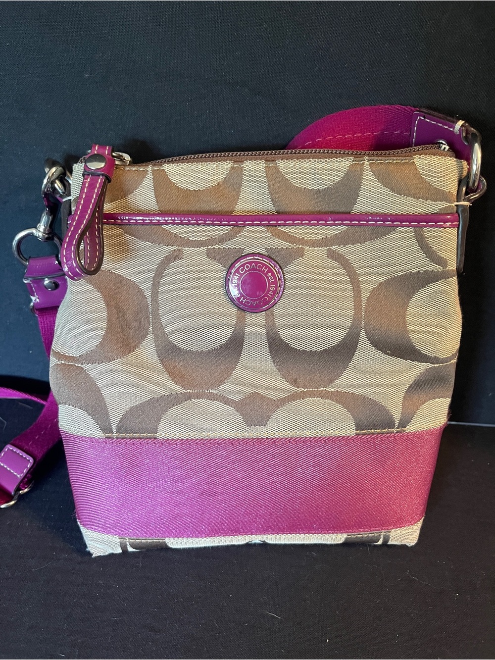 Coach Crossbody Bag with Brown Signature Canvas and Magenta Trim - Picture 3 of 6